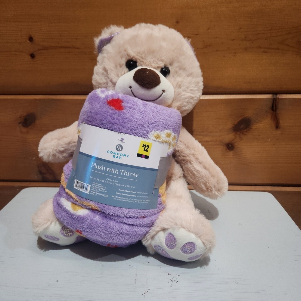 Comfort Bay Plush with Throw Bear Lavendar Purple 35 X 50